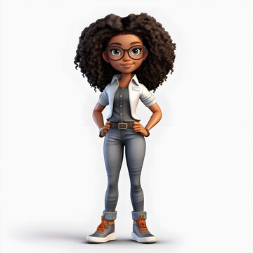 Photo of 3d cartoon character black girl with curly hair
