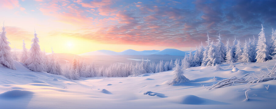 Winter snowy mountain with river in snow landscape.