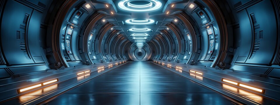 Technology futuristic background interior science fiction. Hi tech smart manufacturing automation concept. Futuristic space station or spaceship interior scifi style corridor or room. 