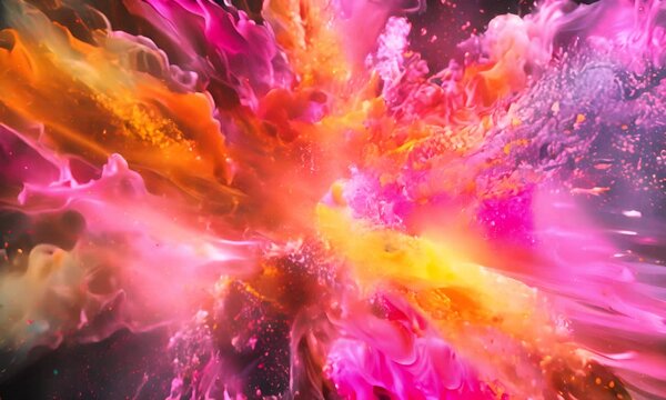 Explosion of bright colorful paint on black background, burst of multicolored powder, abstract pattern of colored dust splash 4K Video