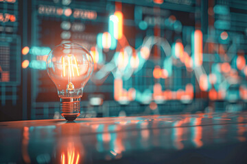 Glowing light bulb on financial charts, symbolizing ideas and innovation in business and market analysis.