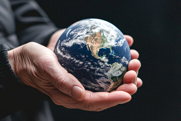 Hands holding a small globe in front of a scenic landscape, symbolizing environmental responsibility and global unity.