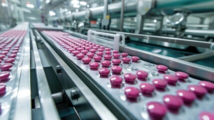 Pharmaceutical production line: medical vials and tablets manufacturing, automated process of drug production in modern pharmaceutical facilities, ensuring quality and efficiency