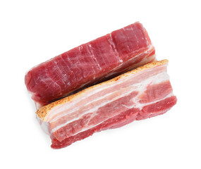 Pieces of raw pork belly isolated on white, top view