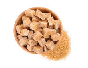 Different types of brown sugar and bowl isolated on white, top view