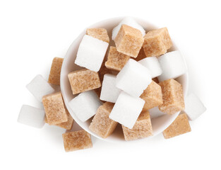 Different types of sugar in bowl isolated on white, top view