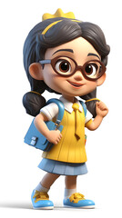 A 3d cartoon character of little school going kid with happy face and glasses