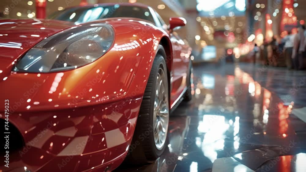 Poster closeup of shiny gl storefront with distorted reflection of ping cars.