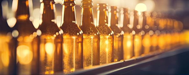 Brown botles on conveyor belt .