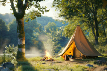 Tent and campfire in the woods by a lake. Concept of outdoor activities.