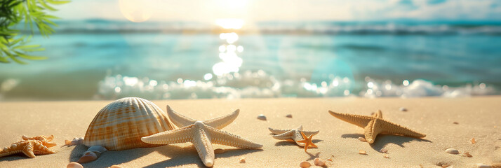 Starfish on a beach with water in the background - obrazy, fototapety, plakaty