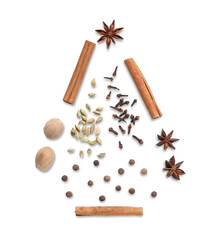 Christmas tree made of different spices on white background, top view