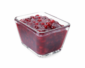 Fresh cranberry sauce in glass bowl isolated on white