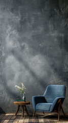 blue armchair and wood table against grey wall