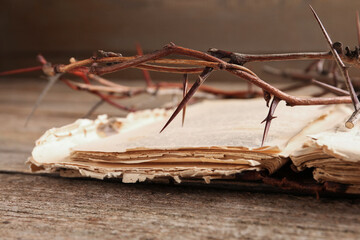 Crown of thorns and Bible on wooden table, closeup