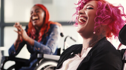 Inclusive image showing a happy smiling black African American disabled office LGBT colleague in a wheelchair - obrazy, fototapety, plakaty
