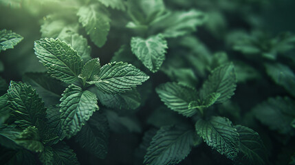 Lemon Balm leaves, emphasizing the fragrant oils and intricate textures. - obrazy, fototapety, plakaty