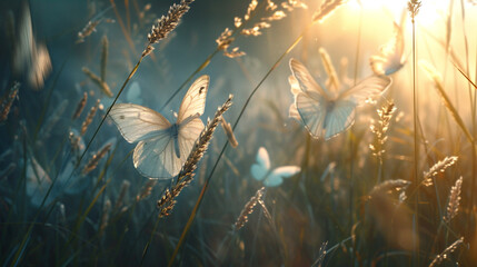 Sunlight filtering through blades of grass, illuminating delicate butterflies in flight, their iridescent wings shimmering in the gentle breeze, creating a natural beauty. - Powered by Adobe