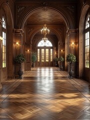Fototapeta na wymiar Grand Hallway With Chandelier and Windows