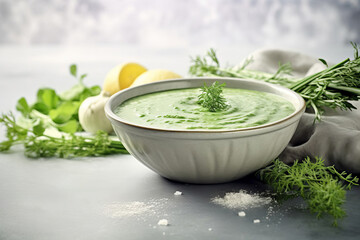 Bowl with green gazpacho and herbs on a light table background