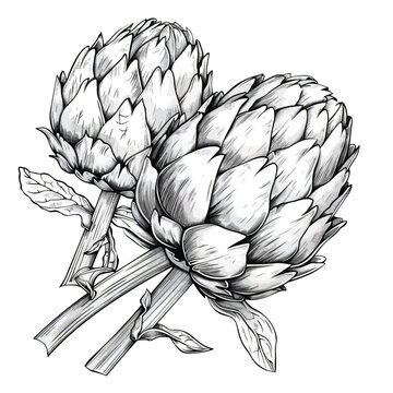 Drawing hands artichoke graphic line drawing two flower