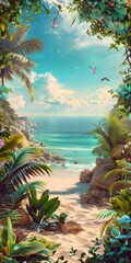 Frame with Tropical Plants on a Beach Scene in the Style of Retro Poster Landscape Background created with Generative AI Technology