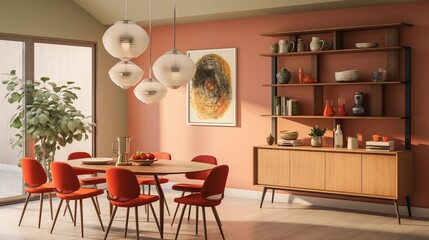 Mid-century Modern-inspired Dining Room with Atomic-inspired Lighting and Eames Chairs Design a dining room that celebrates the iconic style and aesthetic of the mid-century modern era