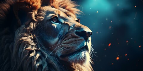 Profile of lion emerges from mist stars glimmer in night sky. Concept Wildlife Photography, Night Sky, Animal Portraits, Nature Scenes, Mystical Atmosphere
