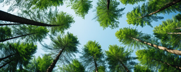 Trees in green forest against blue sky view from bottom.