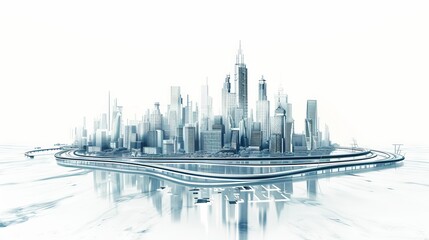 Abstract cityscape with skyscrapers and roads isolated on white background. Urban life, modern architecture, and transportation concept. 3D rendering