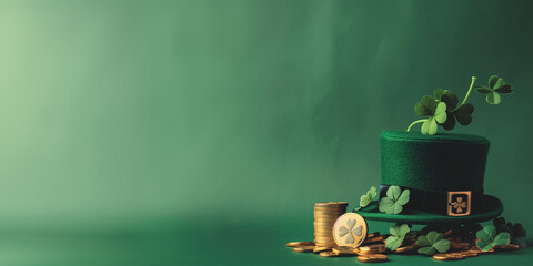 Banner with the leprechaum's hat and his treasure for Saint Patrick's Day.