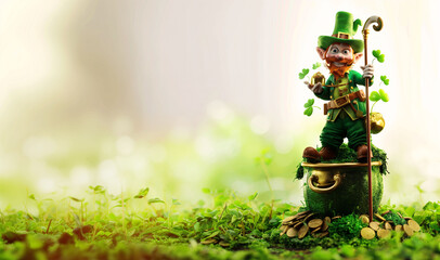 Banner with the leprechaum and his treasure for Saint Patrick's Day.