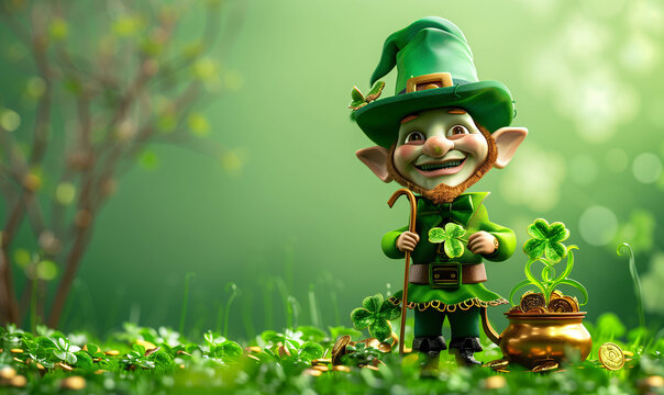 Banner with the leprechaum and his treasure for Saint Patrick's Day.