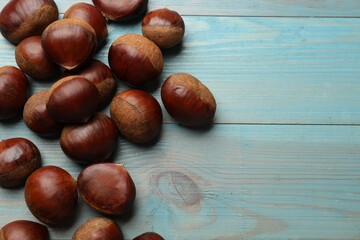 Roasted edible sweet chestnuts on light blue wooden table, flat lay. Space for text