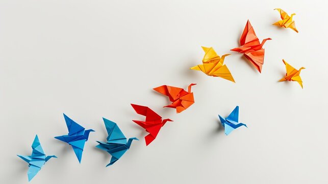 Colorful paper origami birds flying in formation isolated on white background. Freedom, creativity, and imagination concept. Minimalist style illustration