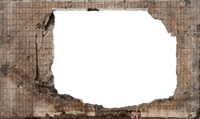 Explosion hole in ceramic tiled concrete wall isolated on white background with copy space in center.