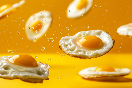 Fried eggs suspended in mid-air against a vibrant yellow backdrop, culinary delight. captures the essence of levity and culinary creativity, perfect for adding a touch of magic to your designs or adv