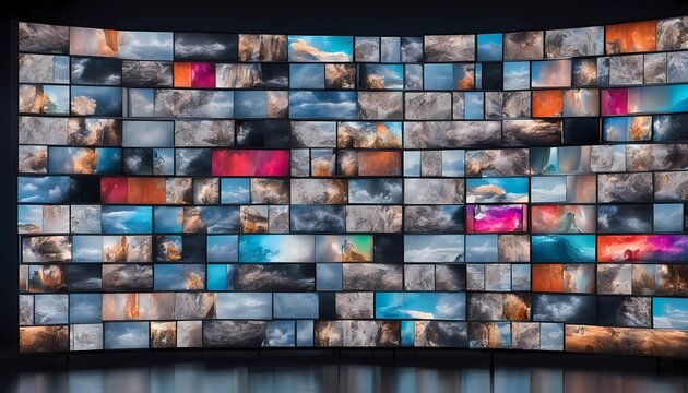 Multimedia video wall featuring images a variety of TV screens, monitor, and backdrop