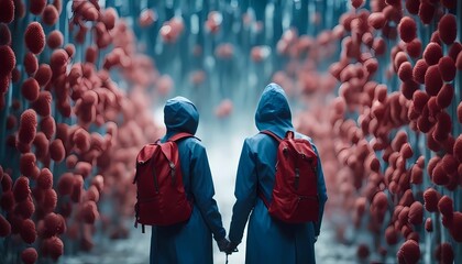 Corona virus. Couple with backpacks in a blue raincoat and mask is looking at the red virus cells. - obrazy, fototapety, plakaty