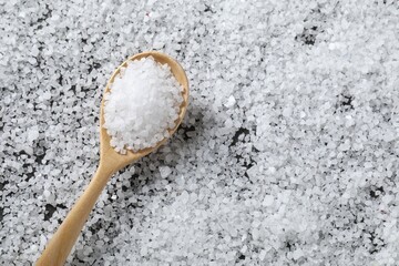 Natural salt and wooden spoon, top view
