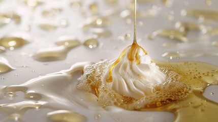 An elegant serving of vanilla ice cream adorned with a drizzle of golden honey, presented against the backdrop of pure white, inviting the viewer to indulge, captured with stunning clarity.