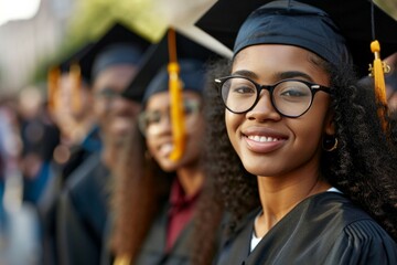 Estudiante negra de color graduada sonriendo con toga y birrete - obrazy, fototapety, plakaty