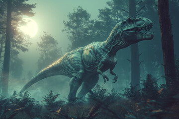 Tyrannosaurus rex stands bathed in mist of moonlit forest