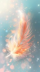 Ethereal Soft Orange Feather Floating Gently in a Dreamy Sparkling Blue Background