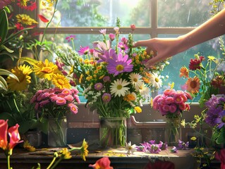 
florist selects flowers for making bouquet 
