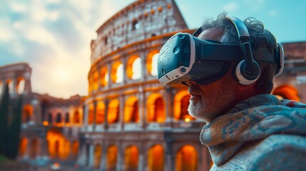 Man using the virtual reality headset with an intact ancient rome temple