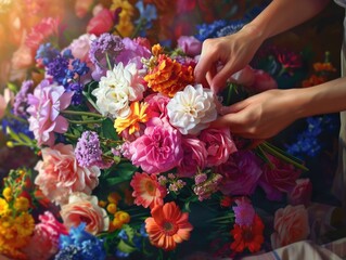 
florist selects flowers for making bouquet 
