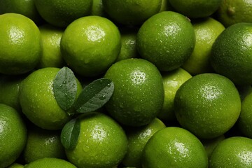 Fresh ripe limes and leaves with water drops as background, top view