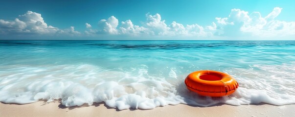 lifebuoy floating at on white sand beach - obrazy, fototapety, plakaty