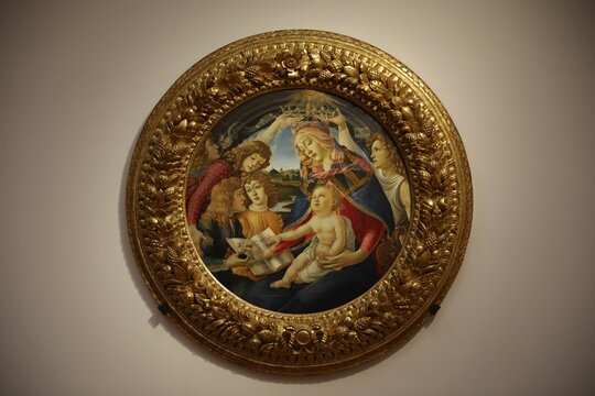 Florence, Italy - February 8, 2024: Famous painting "Madonna Magnificat" by Sandro Botticelli at Uffizi gallery